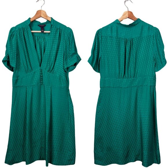 Banana Republic 100% Silk Polka Dot Fit & Flare Mini Dress Womens 12 Green Retro - Picture 1 of 13